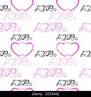 Pattern on the theme of lovers. Seamless background with hearts with the word love. Pink delicate background. Stock Vector