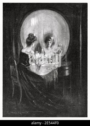 Two ladies of opulence take tea whilst the image of a skull reminds the observer that death lies in wait. All is Vanity by Charles Allan Gilbert. Stock Photo