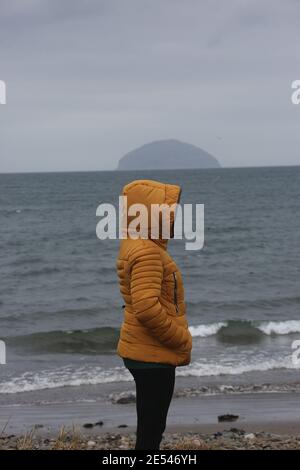 Profile of a woman wearing a mustard coloured quilted coat with hood up. In the background is Ailsa Craig. Stood on beach Stock Photo