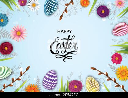 Template vector card with eggs and flowers, Willow. Doodles hand drawn elements. Stock Vector