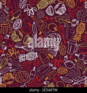 Vector dark purple popsicle fruits ice cream hand drawn doodle repeat pattern background. Perfect for fabric, scrapbooking and wallpaper projects. Stock Vector