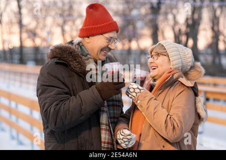 Mature couple talking to each other and warming up with mulled wine after skating outdoors Stock Photo