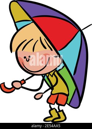 Stick Figure Boy with an umbrella, Cartoon vector illustration on white background. Stock Vector