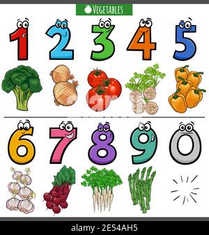 Cartoon illustration of educational numbers set from one to nine with vegetables food objects Stock Vector