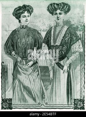 Ladies Fashion 1908, long and elegant lines with corset to achieve a  narrow-waisted figure with full chest, completed with Gibson girl hairstyle Stock Photo