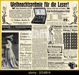 Commercial advertising page in German with many promotion banners and vignettes dated 1908 from Deutsche Moden Zeitung magazine Stock Photo