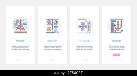 Business success strategy concept vector illustration. UX, UI onboarding mobile app page screen set with line successful mission statement, management planning, business stability abstract symbols Stock Vector