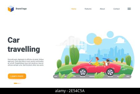 Family people travel by car vector illustration. Cartoon man woman travelers characters and pet dog sitting in cabriolet, traveling summer landscape with modern city on horizon, road trip landing page Stock Vector