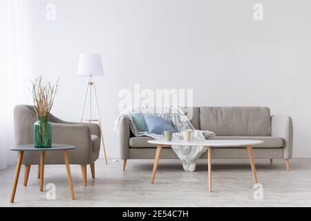 Sofa with blue pillows and fluffy blanket, armchair, lamp and table with two cups Stock Photo