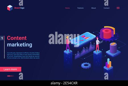 Content marketing concept isometric vector illustration. Cartoon 3d online service for digital content analysis and optimization, marketer people team in research data analyzing process landing page Stock Vector