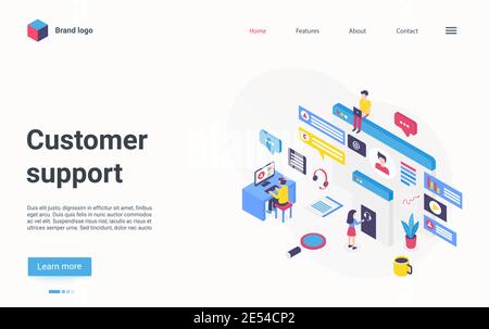 Customer support hotline center concept isometric vector illustration. Cartoon 3d online helpdesk service with agent operator people wearing headsets consulting clients, modern technology landing page Stock Vector