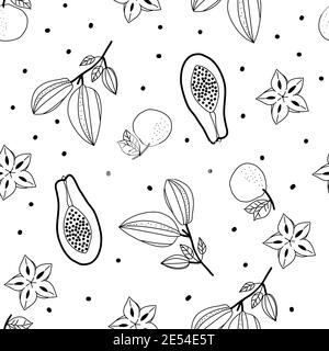 Seamless doodle pattern with tropical fruits of carambola and tangerine, papaya. Vector illustration. Stock Vector