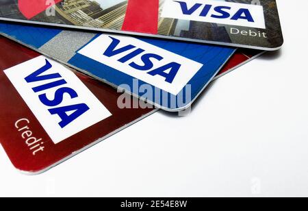 Choice of VISA credit and debit cards. Closeup of VISA credit and debit cards. 25.01.2021. Warsaw, Poland Stock Photo