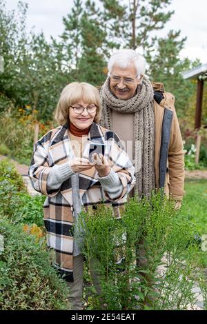 Smiling senior woman with smartphone photographing one of green plants while taking photo of it with her husband standing near by Stock Photo