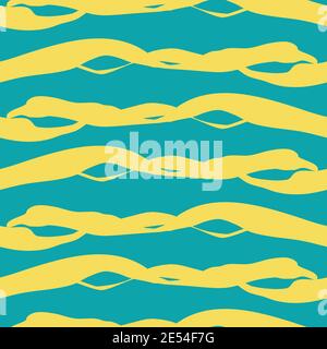 Vector twisted yarn effect striped seamless pattern background. Horizontal stripe yellow color strands on aqua blue backdrop. Irregular parallel lines Stock Vector