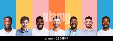 Portraits Of Smiling Multiethnic Men Over Different Colorful Backgrounds, Collage Stock Photo