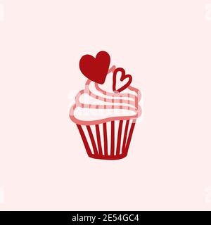 Doodle Cupcake for Valentine's Day. Hand-drawn vector element with hearts for greeting cards, banners, invitations. Stock Vector