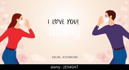 Couple in mask standing separated from each other and shouting i love you, social distancing concept. Valentines Day banner with guy loves the girl Stock Vector