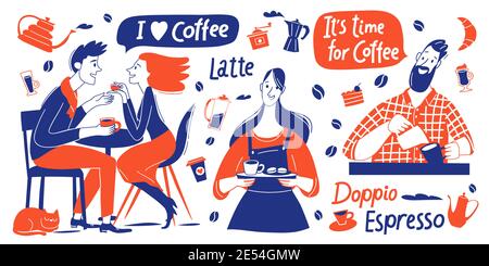Coffee motivational vector design with barista and coffee elements and lettering Stock Vector
