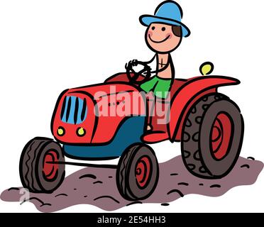 A Stick figure farmer in a tractor. stock illustration vector Stock Vector