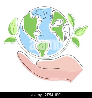 Green Earth with leaves in human hand. Concept Save planet.  Stock Vector