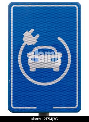 Blue sign in a parking lot to indicate that it is only for charging electric cars. Isolated on white Stock Photo