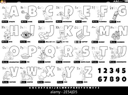 Black and white cartoon illustration of capital letters alphabet set with funny characters and objects for reading and writing education for children Stock Vector