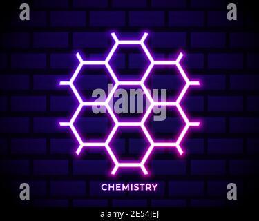 Glowing neon Chemical formula consisting of benzene rings icon isolated on brick wall background. Vector Illustration. Stock Vector