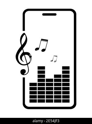 Icon. Smartphone with equalizer scale, sound volume and musical notes symbols on screen. Listening to audio on mobile device. Vector Stock Vector