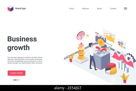Business growth concept isometric vector illustration. Cartoon businessman character growing money cash plant with coins in pot, working to make financial profit, increase wealth revenue landing page Stock Vector