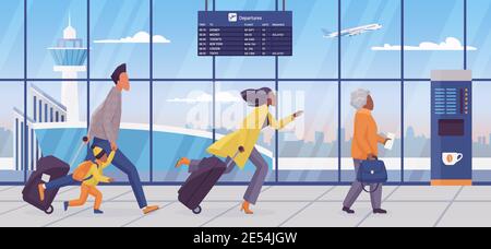 Family late for plane flight concept vector illustration. Cartoon passengers tourists in hurry, man woman with kid holding suitcases luggage, running through airport terminal building background Stock Vector