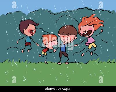 Happy Kids playing in Rainy Day Spring stock illustration vector Stock Vector