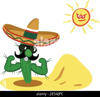 Vector illustration of a desert Cartoon Cactus Man, Strong Cool Cactus man Clipart Stock Vector