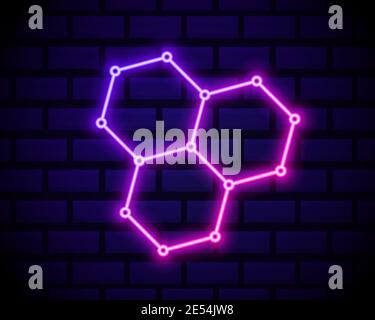 Glowing neon Chemical formula consisting of benzene rings icon isolated on brick wall background. Vector Illustration. Stock Vector