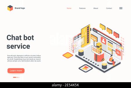 Chat bot service concept isometric vector illustration. Cartoon 3d chatbot virtual support, customer people chatting with ai robot, consulting in dialog, digital futuristic technology landing page Stock Vector