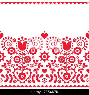 Polish folk art vector seamless textile or fabric print pattern with red floral motif - Lachy Sadeckie Stock Vector