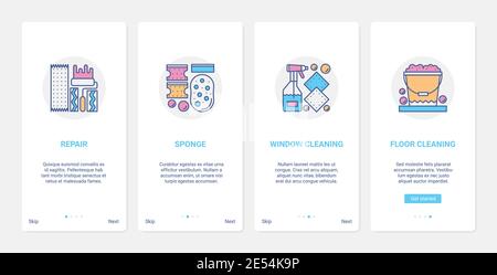 Cleaning accessories tools vector illustration. UX, UI onboarding mobile app page screen set with line general cleaning and repair housekeeping equipment, paint roller sponge, window and floor cleaner Stock Vector