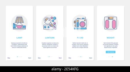 Electronics store, small household appliances vector illustration. UX, UI onboarding mobile app page screen set with line lighting home domestic technology, electric lamp lantern radio scales symbols Stock Vector