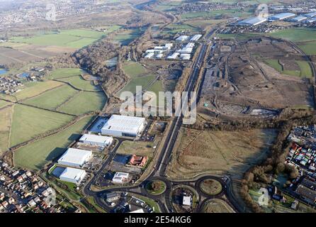 aerial view of Dearne Valley Parkway. R-Evolution & Kestrel Rise business park, Birdwell & in distance Shortwood Business Park, Hoyland, Worsbrough Stock Photo