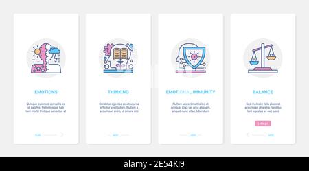 Human head profile, emotions and thinking balance concept vector illustration. UX, UI onboarding mobile app page screen set with line emotional immunity, inner peace, balancing scales abstract symbols Stock Vector