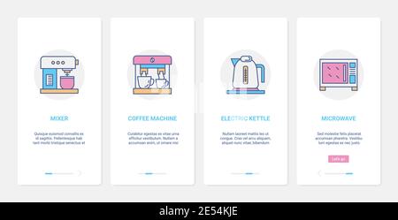 Household kitchen electrical home appliances for cooking food or drink vector illustration. UX, UI onboarding mobile app page screen set with line mixer coffee machine electric kettle teapot microwave Stock Vector