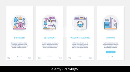 Household detergents, washer equipment in home laundry technology vector illustration. UX, UI onboarding mobile app page screen set with line washing machine, softener for clothes, ironing symbols Stock Vector