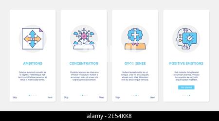 Successful businessman concept vector illustration. UX, UI onboarding mobile app page screen set with line ambition, concentration on business tasks, good sense and positive emotions abstract symbols Stock Vector
