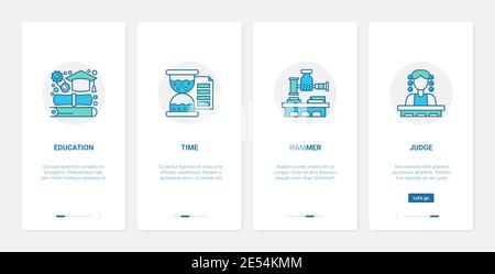 Legal law education concept vector illustration. UX, UI onboarding mobile app page screen set with line educational abstract court symbols of gavel in judge hand, judge person in robe in courthouse Stock Vector