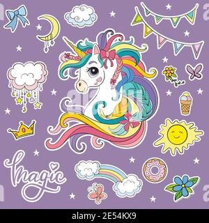 Set of cute cartoon unicorn with magic elements. Vector isolated illustration. For postcard, posters, nursery design, greeting card, stickers, room de Stock Vector