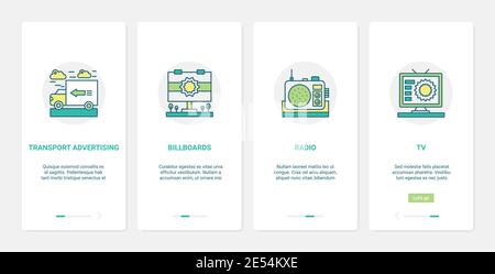 Mass media advertising technology vector illustration. UX, UI onboarding mobile app page screen set with line radio tv advertising on transport billboard promotion to advertise products and services Stock Vector