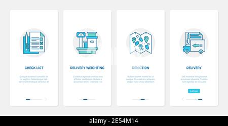 Delivery cargo post service vector illustration. UX, UI onboarding mobile app page screen set with line weighing postal box container parcel on scales, check list, direction on map abstract symbols Stock Vector