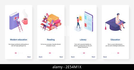 Isometric modern education, online library technology vector illustration. UX, UI onboarding mobile app page screen set with cartoon 3d students read digital electronic books, study and learn data Stock Vector