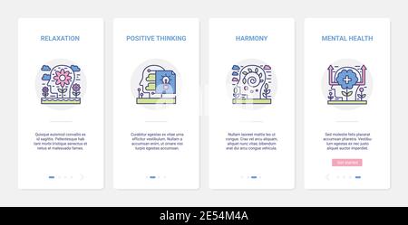 Mental health, stress or depression prevention vector illustration. UX, UI onboarding mobile app page screen set of line abstract human head with harmony relaxation, antistress positive thinking Stock Vector