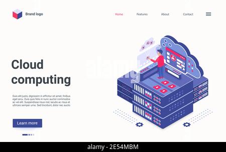 Cloud computing technology isometric vector illustration. Cartoon 3d user character working on touchscreen report digital dashboard, standing in computer or server modern datacenter room landing page Stock Vector